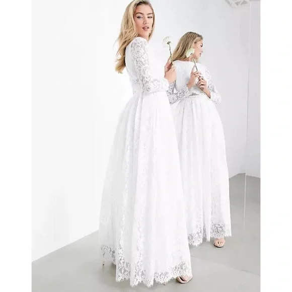 ASOS BRIDAL EDITION Grace Lace Long Sleeve Crop Top Maxi Wedding Dress - Picture 2 of 16